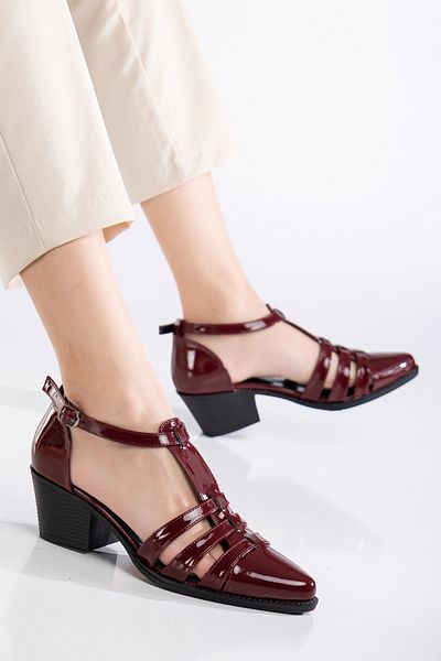 MS SUGAR SHOES Vintage Inspired Faux Patent Leather Buckle Straw Patterned Heeled Shoes