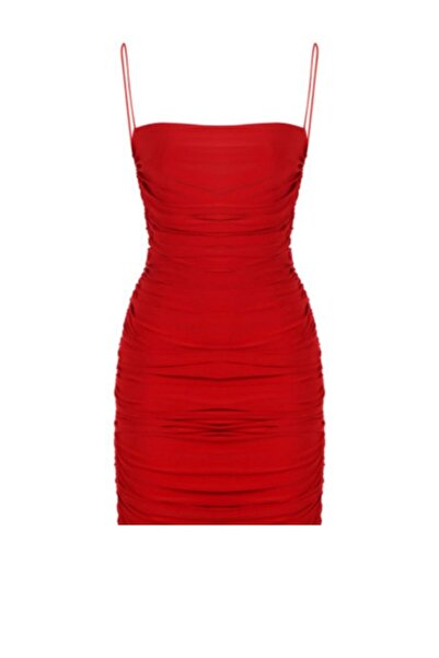 DİDVAKE Kadın Kırmızı Drapeli Büzgülü Askılı Astarlı Mini Elbise