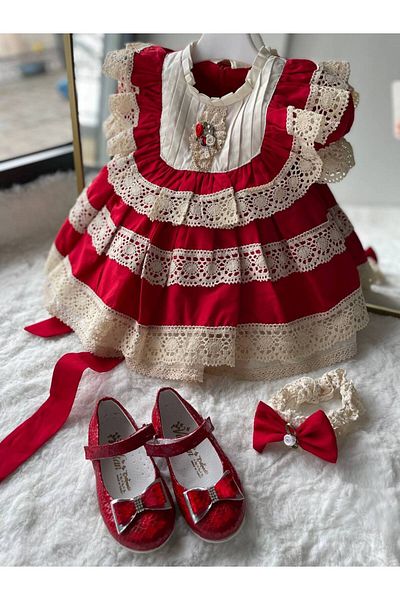 Sare Çocuk Giyim Girl's Red Vintage Raw Cotton Organic Laced Special Occasion Dress