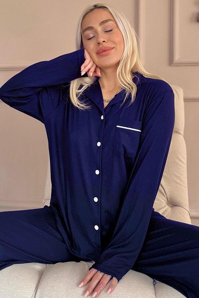 Pijamaevi Set de pijamale pentru femei cu mânecă lungă, cu nasturi în față, albastru bleumarin Dublin
