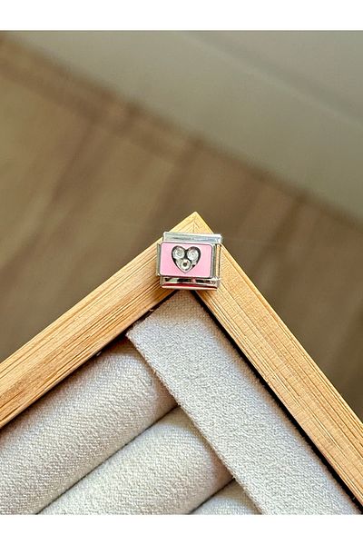 YOUES JEWELRY Italian Charm Stainless Steel 9mm Charm Attachment Link Heart Charm with Pink Stone
