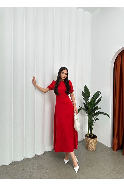 mafdress Women's Red Crepe Fabric Watermelon Sleeve Evening Dress