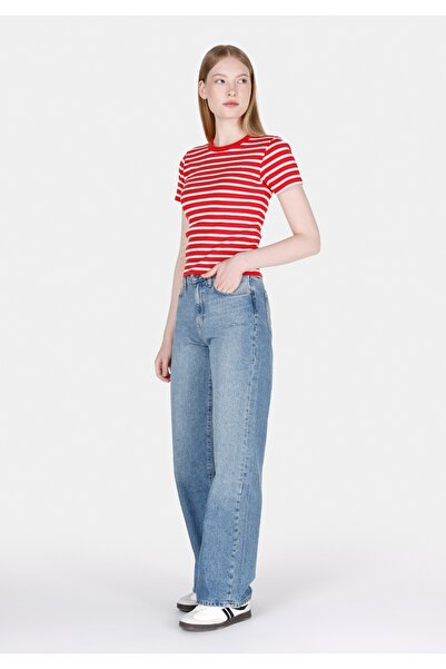 Colin's Slim Fit Γυναικείο μπλουζάκι με στρογγυλή λαιμόκοψη με ρίγες κόκκινο κοντομάνικο Cl1073208