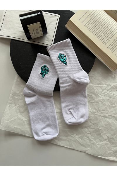 AYDK Cute Fire and Water Embroidered Socket White Black Cartoon Character Unisex Cotton Socks