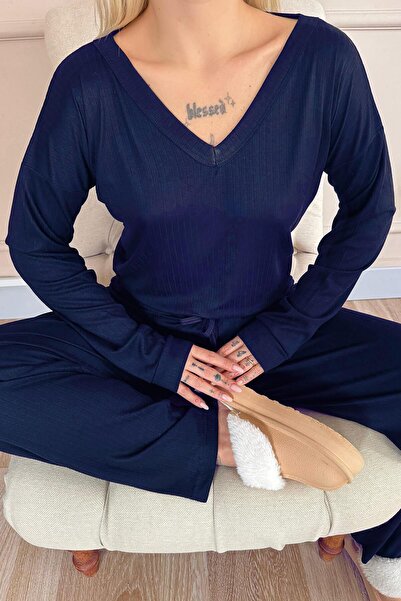 Pijamaevi Dámská sada pyžama Dublin s dlouhým rukávem a výstřihem do V v námořnické modré