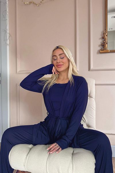 Pijamaevi Set de pijamale Dublin pentru femei, albastru bleumarin, cu halat
