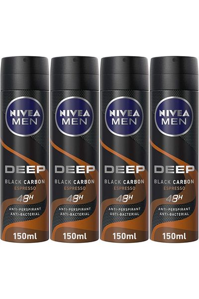 NIVEA بخاخ مزيل العرق للرجال من دييب بلاك كاربون مضاد للبكتيريا برائحة الإسبريسو 150 مل × 3