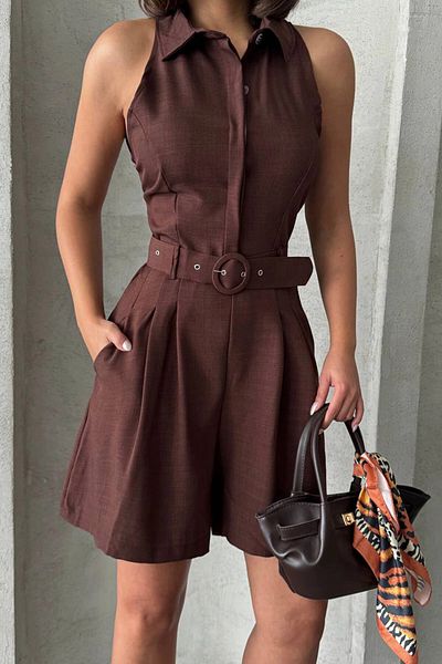 bacc Women's Brown Belted Double Pocket Collared Woven Jumpsuit Bchn- 255010