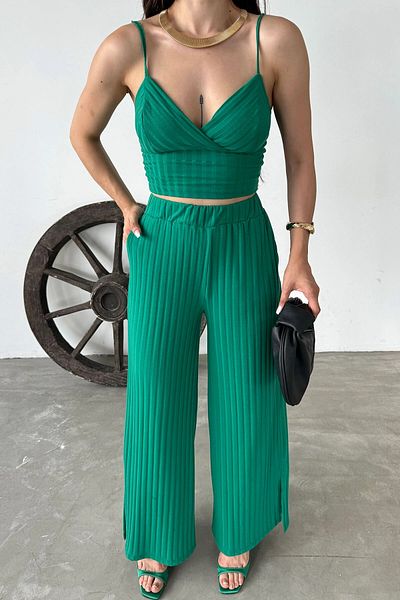 bacc Women's Green Strappy Crop Blouse and Detailed Slit Pantalon Two Stripe Set