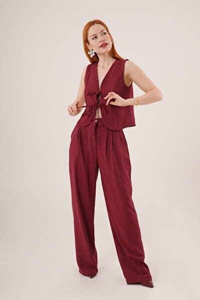 TUA MODA Tua Moda Front Tie Detailed Vest and Trousers Claret Red Two-Piece Set