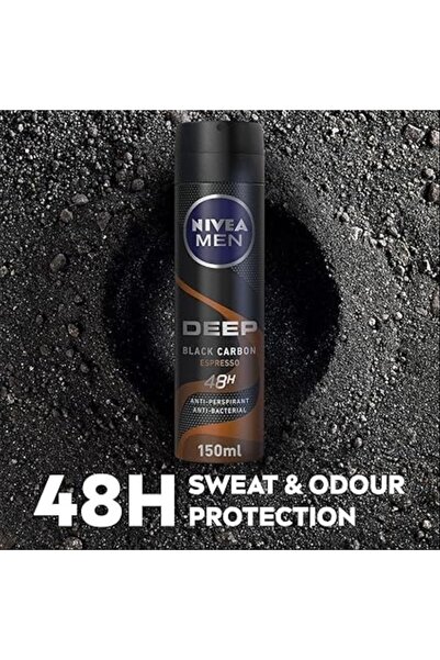 NIVEA Spray antiperspirant pentru bărbați DeeP Black Carbon, antibacterian, cu aromă de espresso, 150 ml x 6