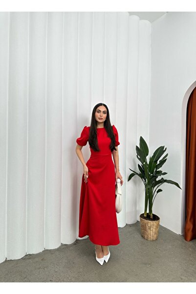 mafdress Women's Red Crepe Fabric Watermelon Sleeve Evening Dress