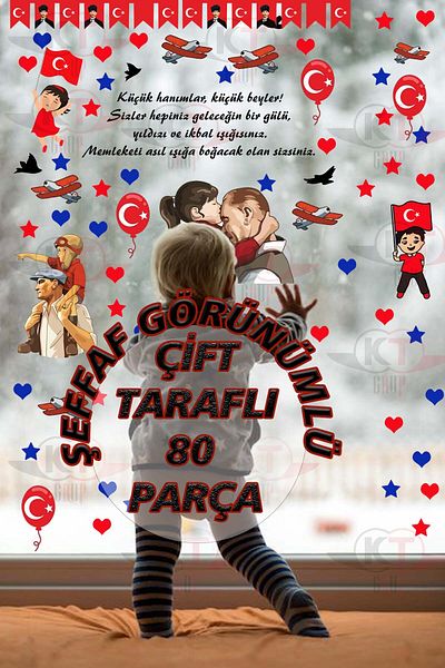 Kt Grup 23 April Children's Day Double Sided 80 Piece Calligraphic Glass Door Wall Sticker Set
