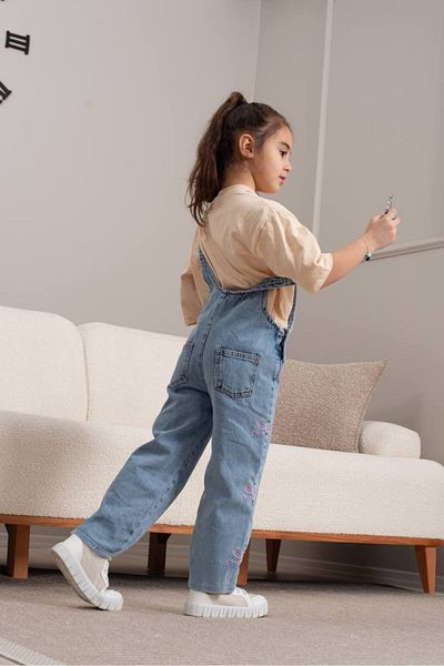 OliveYouMom Bow Detailed Pocket Denim Girl's Salopet Jeans Jumpsuit New Season