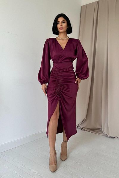 modaserdem Women's Purple V-Neck Satin Night-Graduation-Wedding-Evening Dress