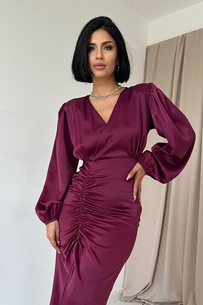 modaserdem Women's Purple V-Neck Satin Night-Graduation-Wedding-Evening Dress