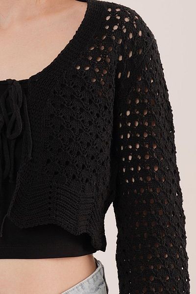 MRA Fashion Front Tie Openwork Crop Black Cardigan