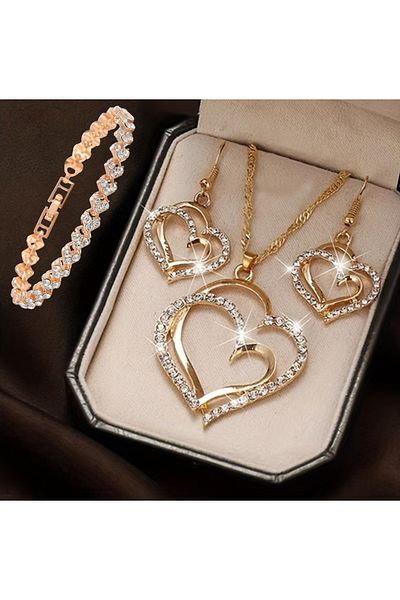 Choice Pure Gold Color 3 Pcs Set Heart Shaped Jewelry Set Of Earrings Pendant Necklace For Women Exquisite