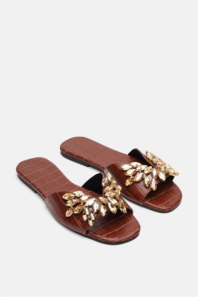 carweza Gizzy Brown Stone Flat Slippers
