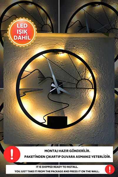 Dekorvin Led Işıklı Doğa Mutfak Duvar Saati Sessiz Dekoratif Modern Siyah Ahş...