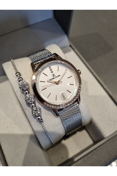 Daniel Klein Rose/Silver Outside Stones Mesh Steel Bracelet Women's Wristwatch