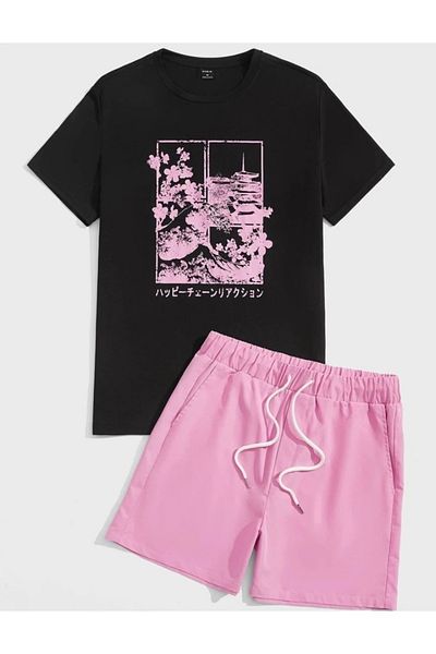 DEZZİİ Pink Black Floral Printed Shorts T-Shirt Set