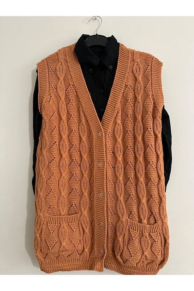 Çeyizcim Orange Knitwear Knitted Vest with Pockets and Buttons