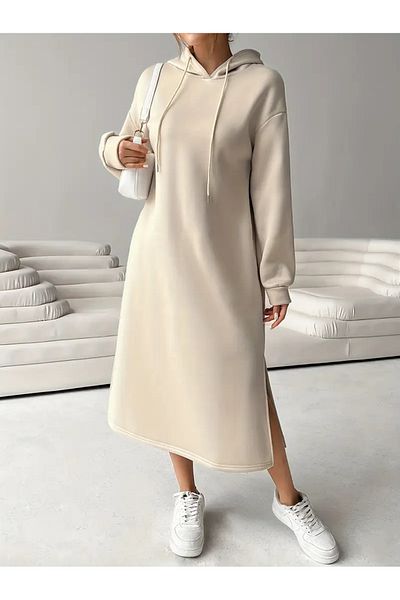 PENTHİLUS Letter Printed Lace up Hoodie Dress, Autumn Winter Loose Long Sleeve Dress, Women's Clothing