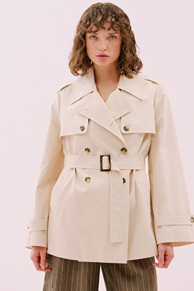 Roman Ceket Yaka Kruvaze Beli Kemerli Trençkot Bej Y2518001_024