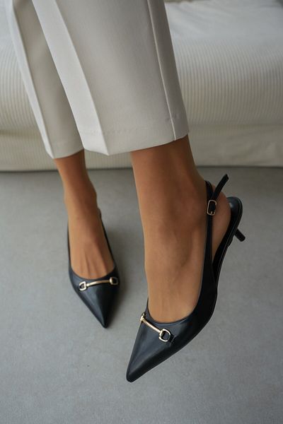 selinshoes Asia Pointed Toe Gold Stripe Detailed Short Heeled Women's Stiletto - Black