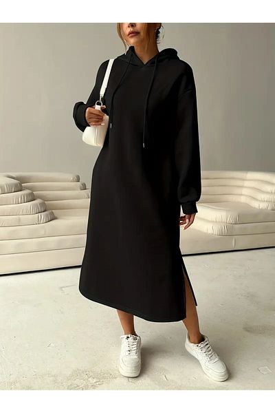 PENTHİLUS Letter Printed Lace up Hoodie Dress, Autumn Winter Loose Long Sleeve Dress, Women's Clothing