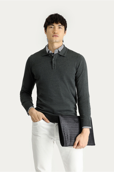 Kiğılı Памучен плетен пуловер с поло яка - нормална кройка