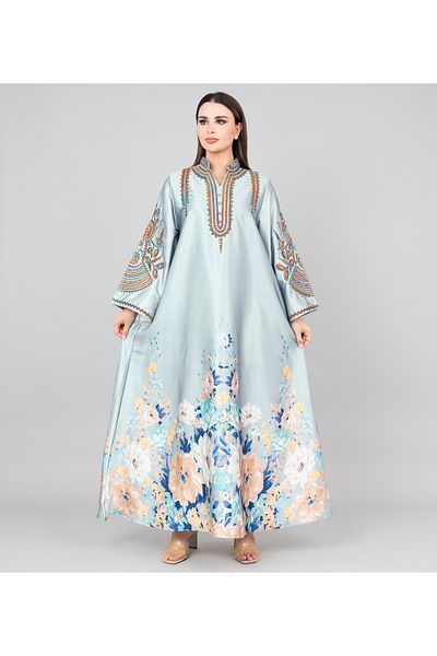 IKKXA Floral Printed Crystal Embroidery Jalabiya
