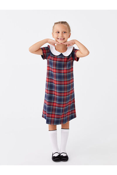 LC Waikiki Kurzarm-Mädchenkleid mit Babykragen und Karomuster