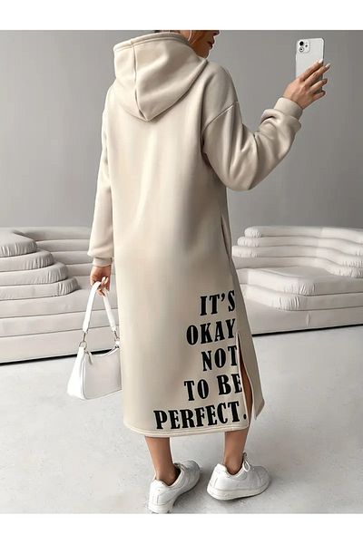 PENTHİLUS Letter Printed Lace up Hoodie Dress, Autumn Winter Loose Long Sleeve Dress, Women's Clothing