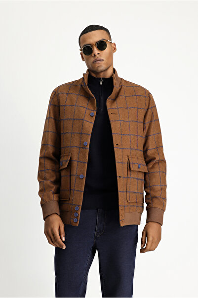 Kiğılı Slim Fit Dar Kesim Kareli Yünlü Bomber Ceket Mont