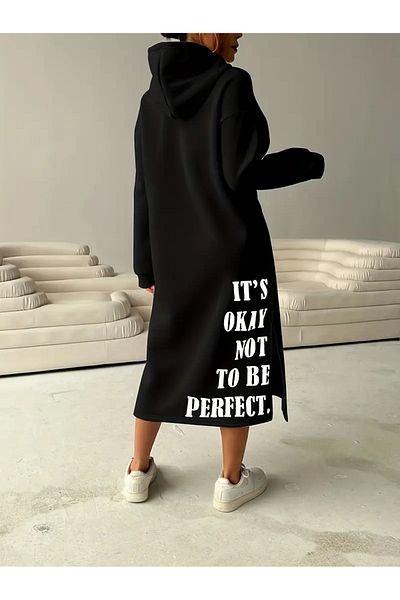 PENTHİLUS Letter Printed Lace up Hoodie Dress, Autumn Winter Loose Long Sleeve Dress, Women's Clothing