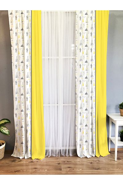 Lolla White Yellow Detailed Gray Tent Background Curtain 1003