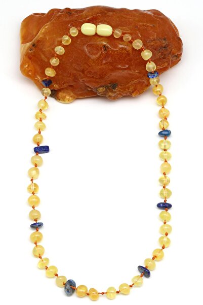 Alibaba Doğaltaş Damla Kehribar - Lapis Lazuli Doğal Taş Bebek Diş Kolye - 33 cm