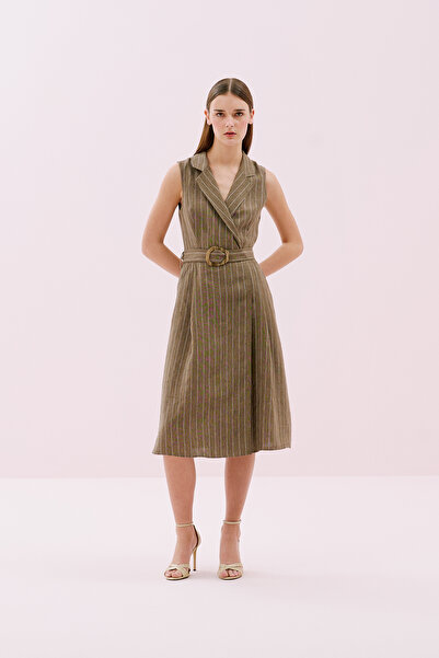 Roman Kruvaze Görünümlü Beli Kemerli Midi Boy Keten Elbise Haki Y2511040_023