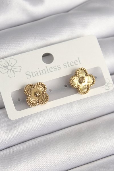 ForWhat Golden Steel Worked Clover Shaped Earrings for Elegant Woman