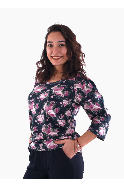 ASN concept Antrasit, Pembe Çiçek Desenli 3'lüPaket Pijama Üstü (büyük Beden Seçeneğiyle)