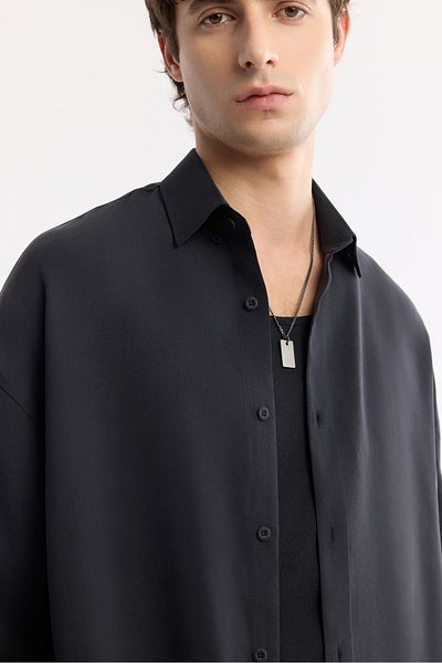 Avva Men's Black Bottomed Brit Collar Modal Blended Oversize Fit Shirt