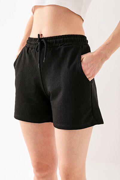 GİYSA Kadın Beli Lastikli Bağcıklı Cepli Şort Siyah - 25607