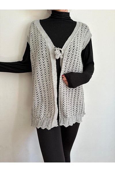 Çeyizcim Gray Knitwear Knit Vest - Tie-Up Design