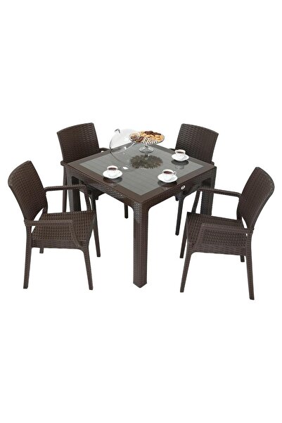 Mandella Elit Rattan 90x90 Elit Koltuk Camlı Masa Takımı KAHVERENGİ