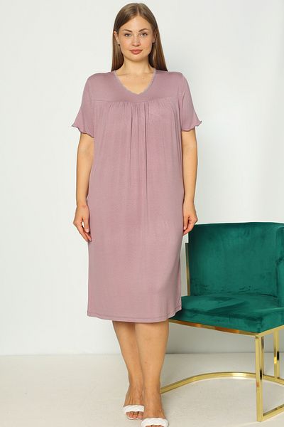 İntensive Pink Lace Lycra Short Sleeve Plus Size Nightgown