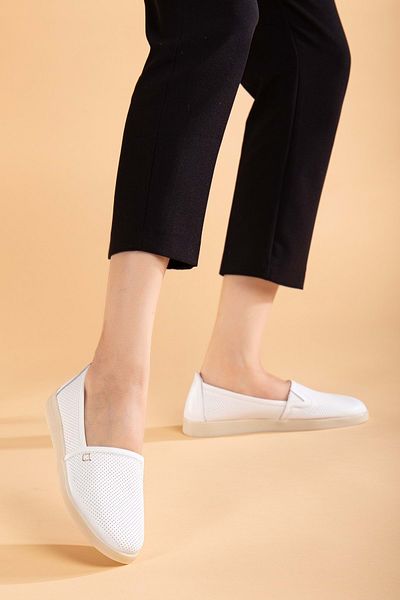 ANALİN SHOES White Genuine Leather Women's Casual Comfort Shoes