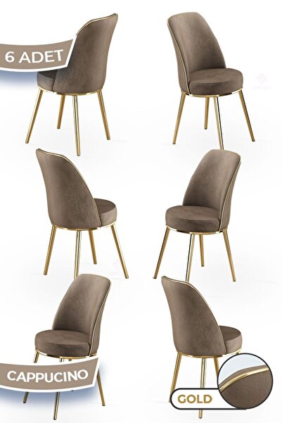 Canisa Pefa Serisi 6 Adet Cappucino Mutfak Sandalyesi Gold Kaplama Metal Ayak 1. Sınıf Babyface Kumaş