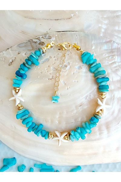 By Song Aksesuar Blue coral natural stone anklet with sea star